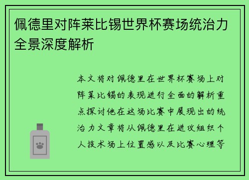 佩德里对阵莱比锡世界杯赛场统治力全景深度解析