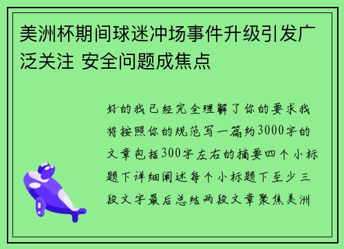 美洲杯期间球迷冲场事件升级引发广泛关注 安全问题成焦点 美洲杯期间球迷冲场事件升级引发广泛关注 安全问题成焦点
