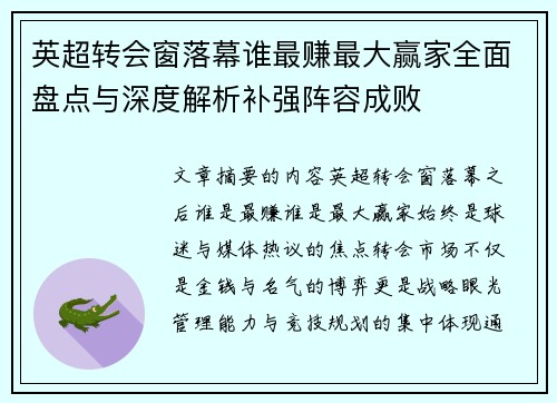 英超转会窗落幕谁最赚最大赢家全面盘点与深度解析补强阵容成败